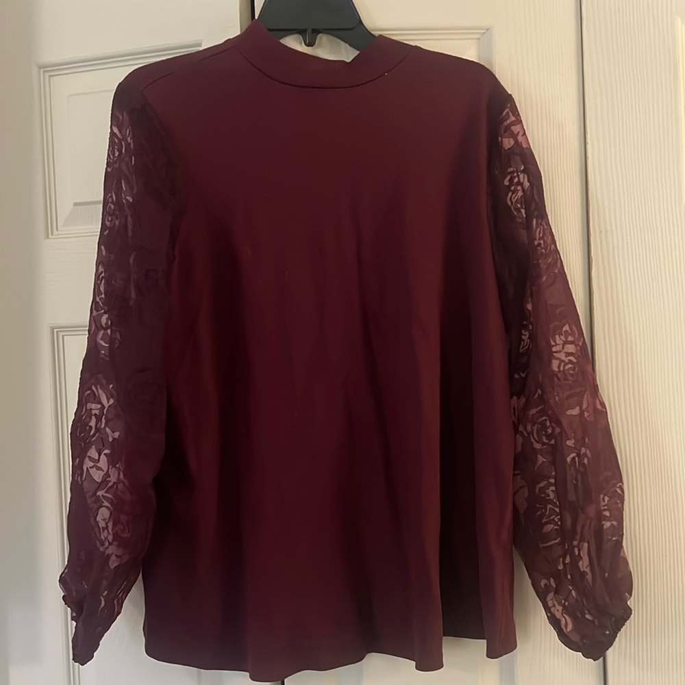 Cato burgundy sheer floral sleeve top  size 14